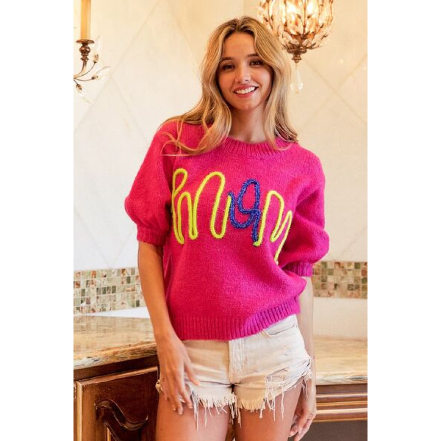 BiBi MOM Contrast Round Neck Sweater FUCHSIA / S Apparel and Accessories