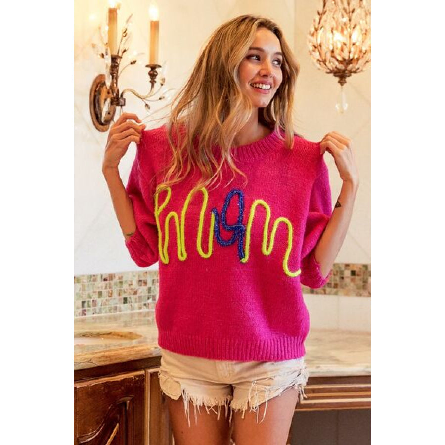 BiBi MOM Contrast Round Neck Sweater FUCHSIA / S Apparel and Accessories