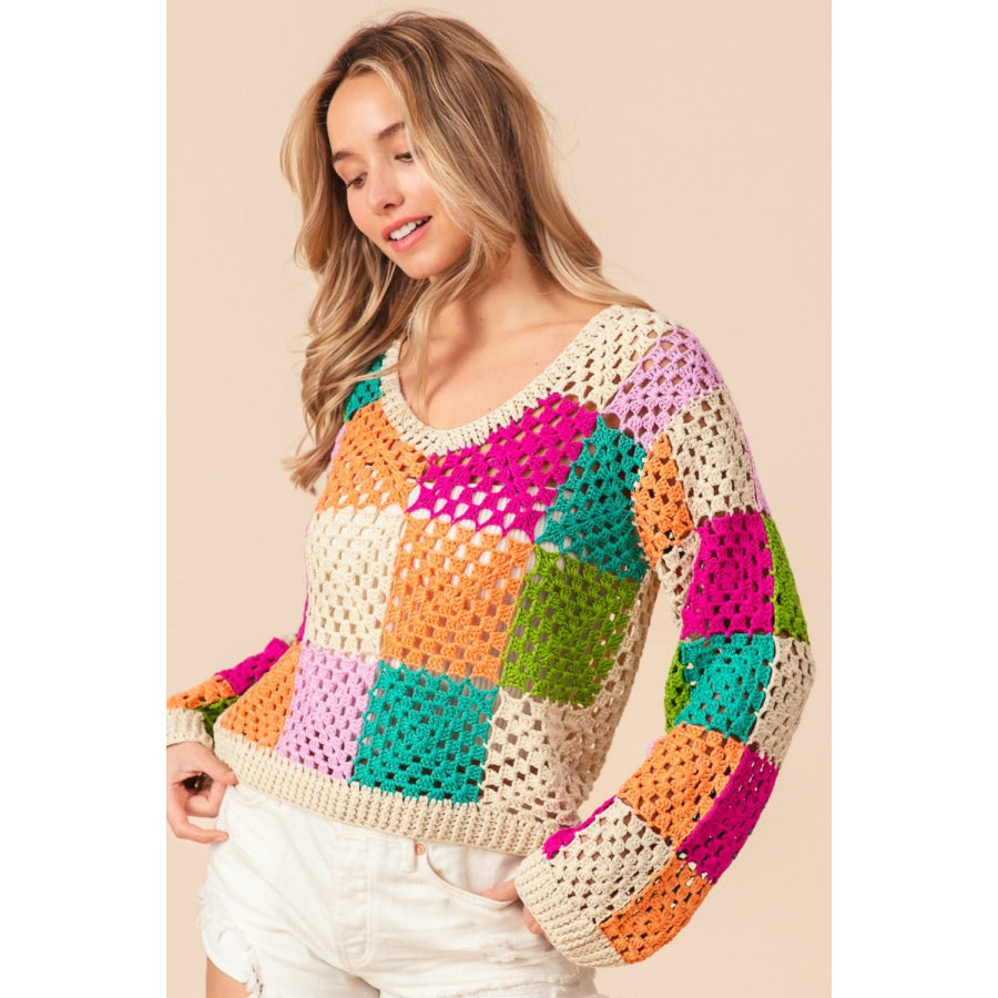 BiBi Multi Color Checkered Long Sleeve Knit Top Apparel and Accessories