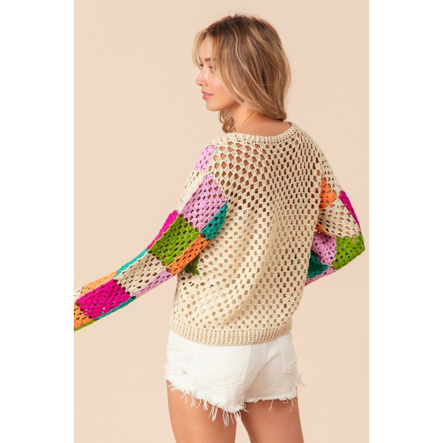 BiBi Multi Color Checkered Long Sleeve Knit Top Oatmeal Multi / S Apparel and Accessories