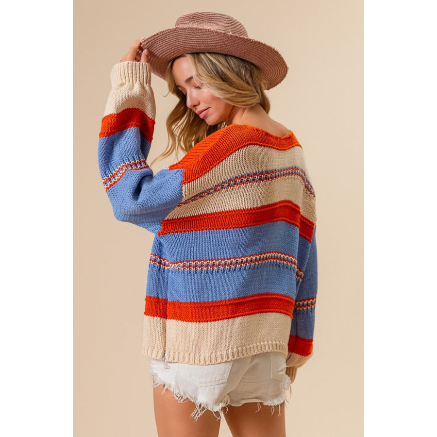 BiBi Multi Color Stripe Scoop Neck Sweater Rust/Oatmeal/Blue / S Apparel and Accessories