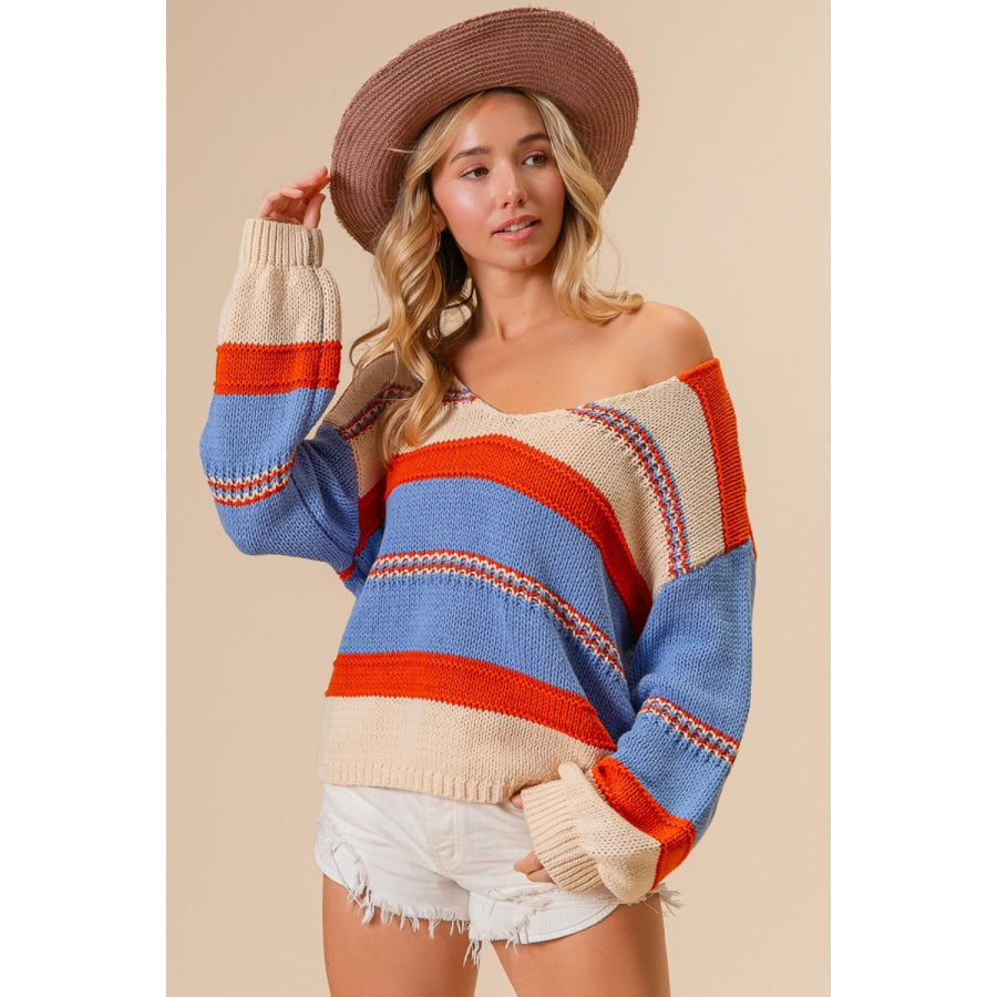 BiBi Multi Color Stripe Scoop Neck Sweater Rust/Oatmeal/Blue / S Apparel and Accessories