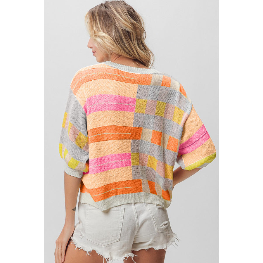 BiBi Multi Color Striped Round Neck Knit Top Ivory/Org/Peach/Pink / S Apparel and Accessories