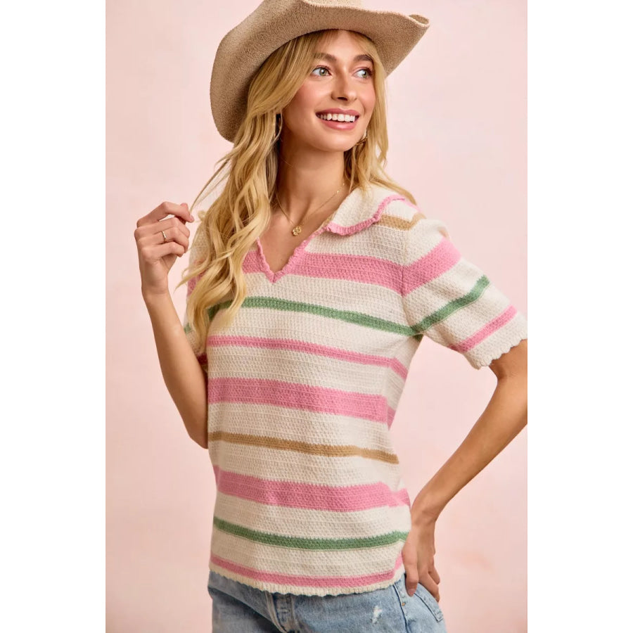 BiBi Multi Colors Stripes Collared Knit Top CREAM/PINK / S Apparel and Accessories