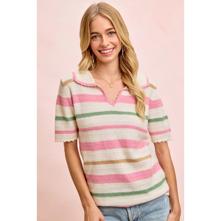BiBi Multi Colors Stripes Collared Knit Top CREAM/PINK / S Apparel and Accessories