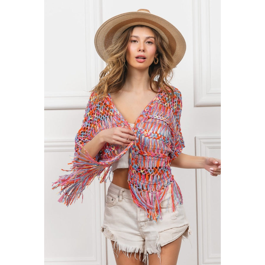 BiBi Open Front Fringed Crop Knit Cardigan Apparel and Accessories