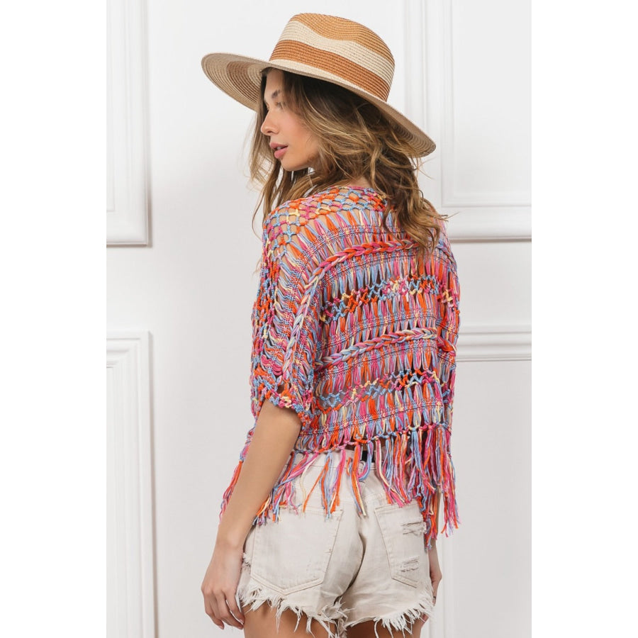 BiBi Open Front Fringed Crop Knit Cardigan Apparel and Accessories