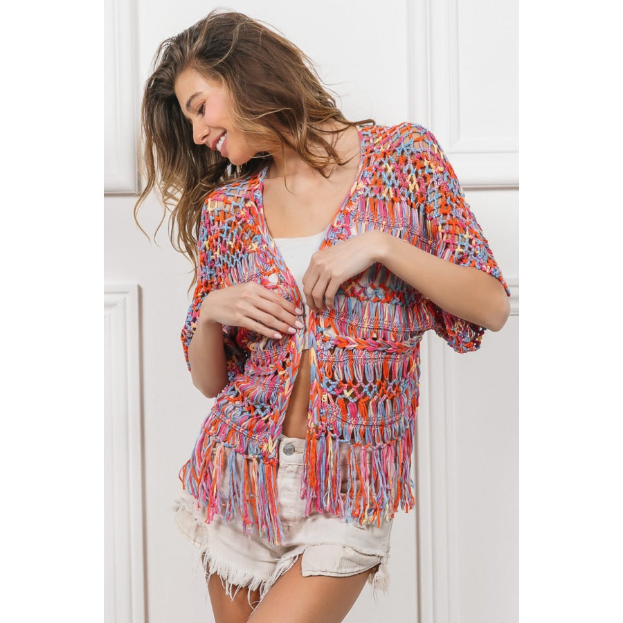 BiBi Open Front Fringed Crop Knit Cardigan Apparel and Accessories