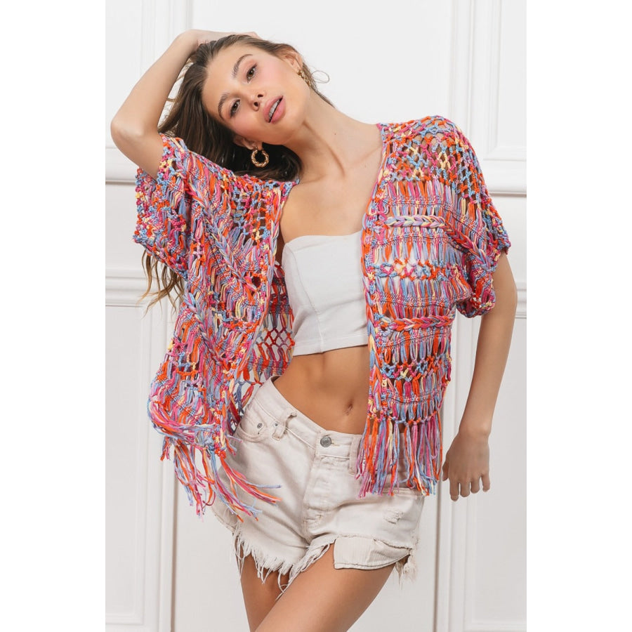 BiBi Open Front Fringed Crop Knit Cardigan Apparel and Accessories