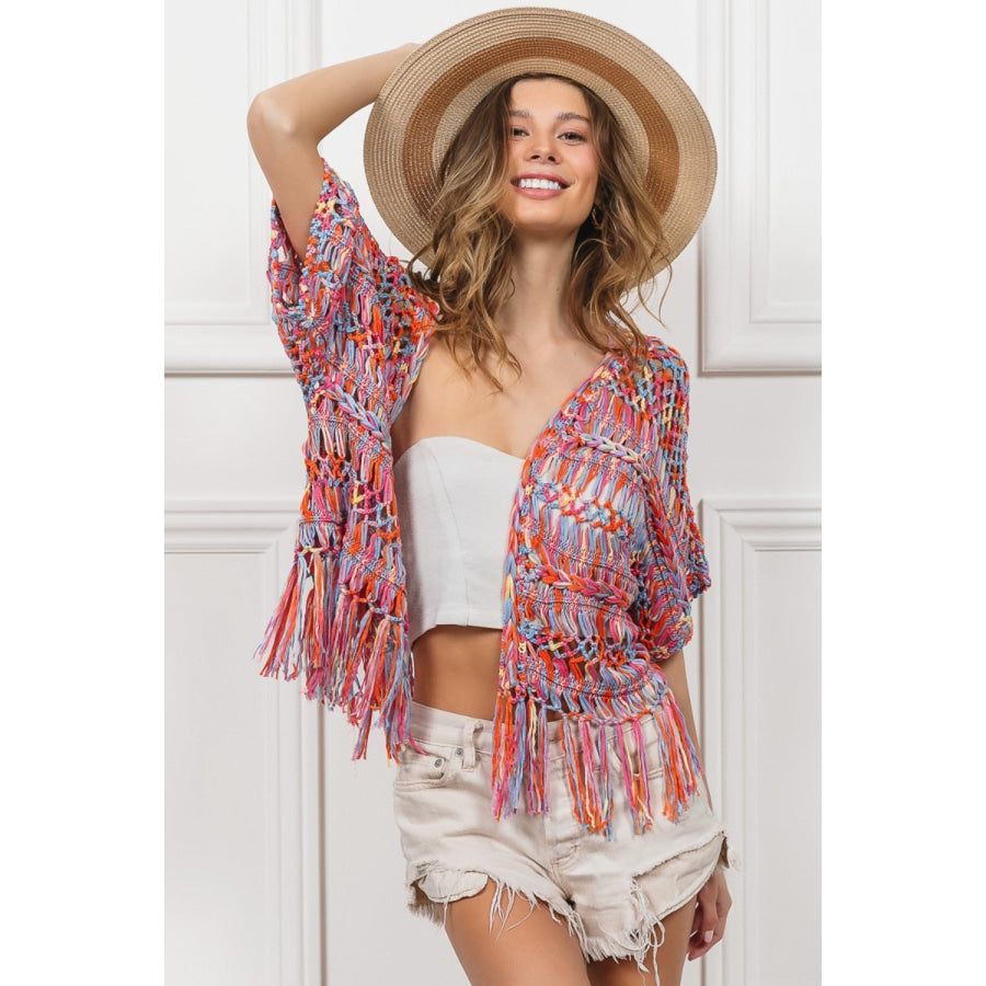 BiBi Open Front Fringed Crop Knit Cardigan Burnt Orange Multi / S Apparel and Accessories