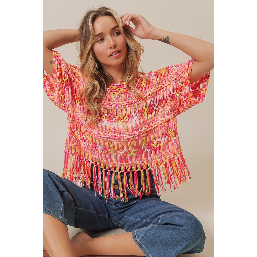 BiBi Openwork Fringed Knit Cover Up Neon Multi / S Apparel and Accessories