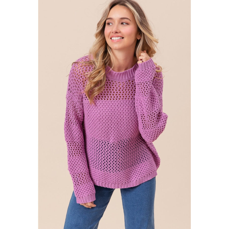 BiBi Openwork Long Sleeve Knit Top Berry / S Apparel and Accessories