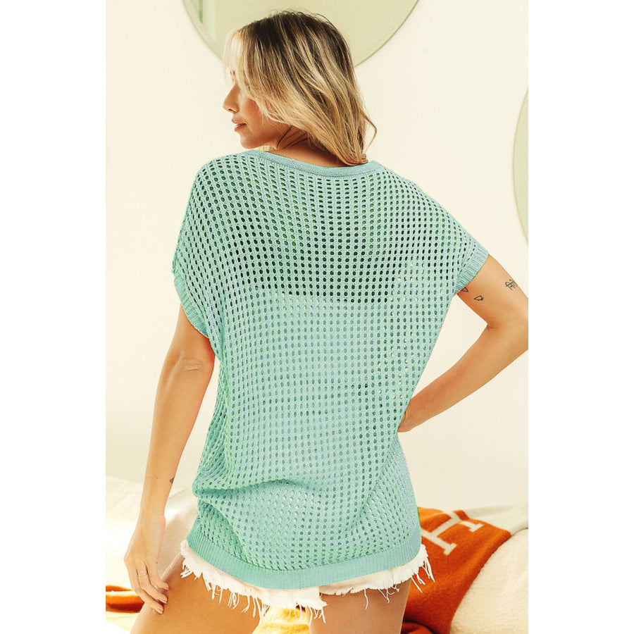 BiBi Openwork Short Sleeve Knit Cover Up Sage / S Apparel and Accessories