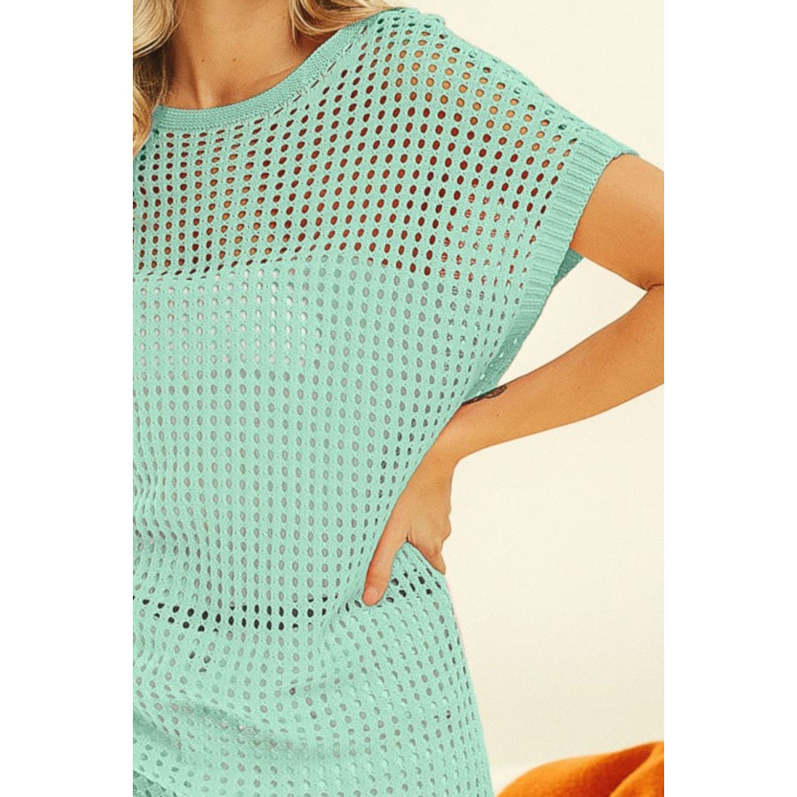 BiBi Openwork Short Sleeve Knit Cover Up Apparel and Accessories