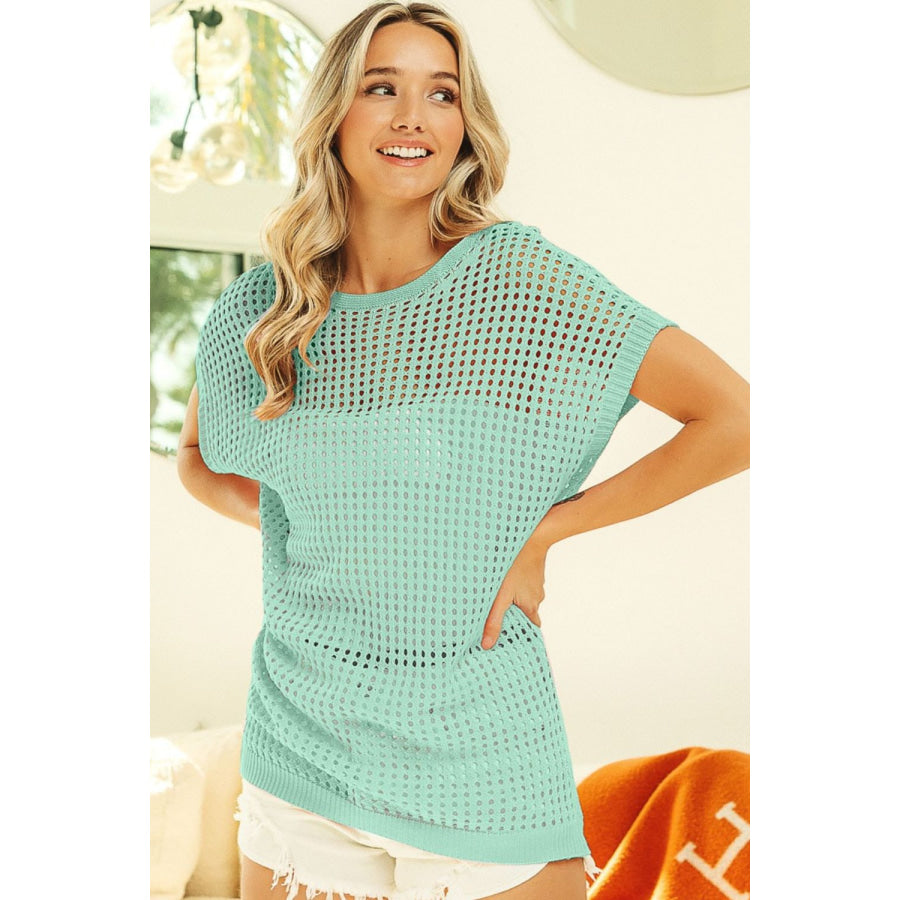 BiBi Openwork Short Sleeve Knit Cover Up Sage / S Apparel and Accessories