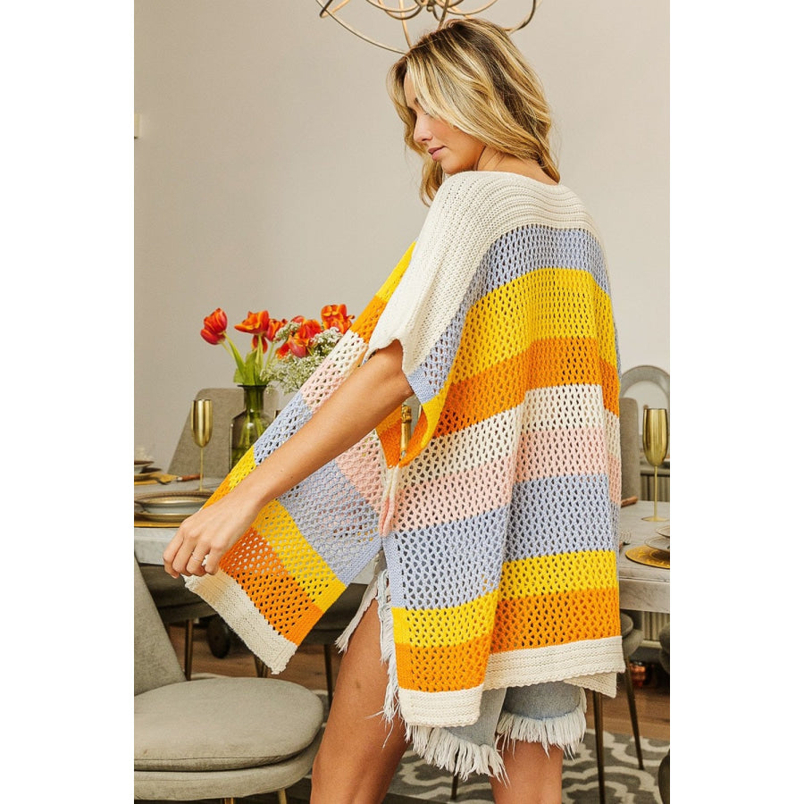 BiBi Openwork Striped Open Front Knit Cardigan Denim/Must/Org/Blush / S Apparel and Accessories