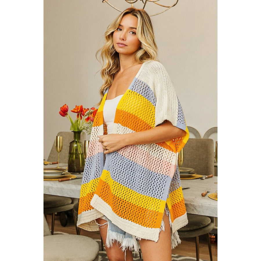 BiBi Openwork Striped Open Front Knit Cardigan Denim/Must/Org/Blush / S Apparel and Accessories