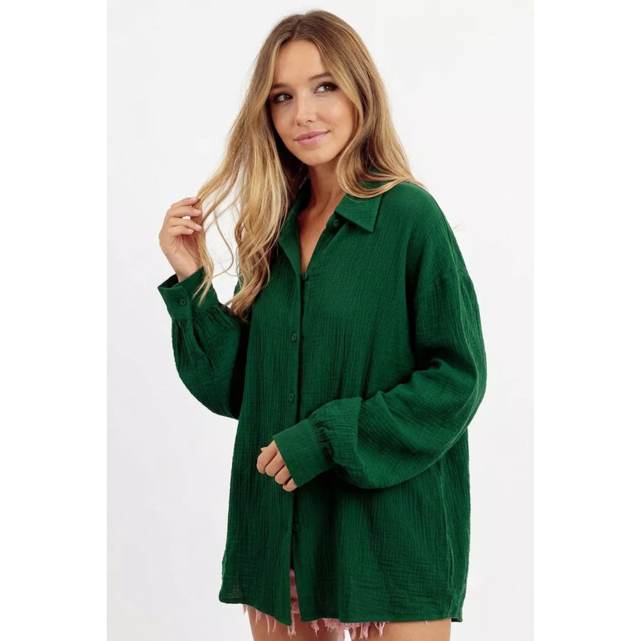 BiBi Oversized Wrinkled Gauze Button Up Shirt Top Apparel and Accessories