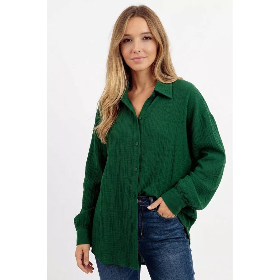 BiBi Oversized Wrinkled Gauze Button Up Shirt Top Apparel and Accessories