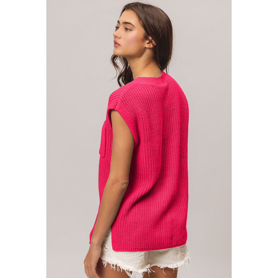 BiBi Patch Pocket Cap Sleeve Sweater Top Fuchsia / S Apparel and Accessories