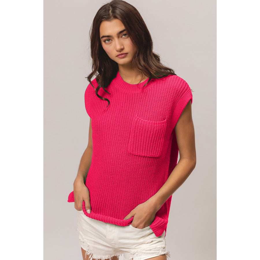 BiBi Patch Pocket Cap Sleeve Sweater Top Fuchsia / S Apparel and Accessories