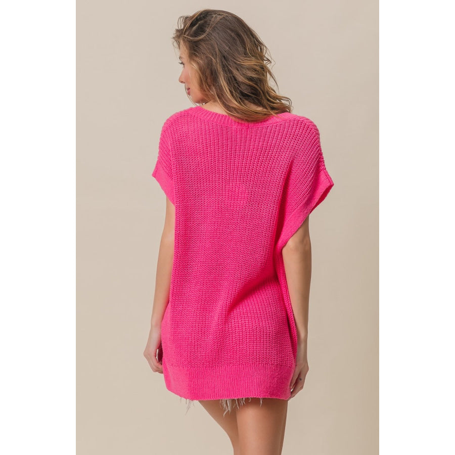 BiBi Patch Pocket Short Sleeve Sweater Fuchsia / S Apparel and Accessories