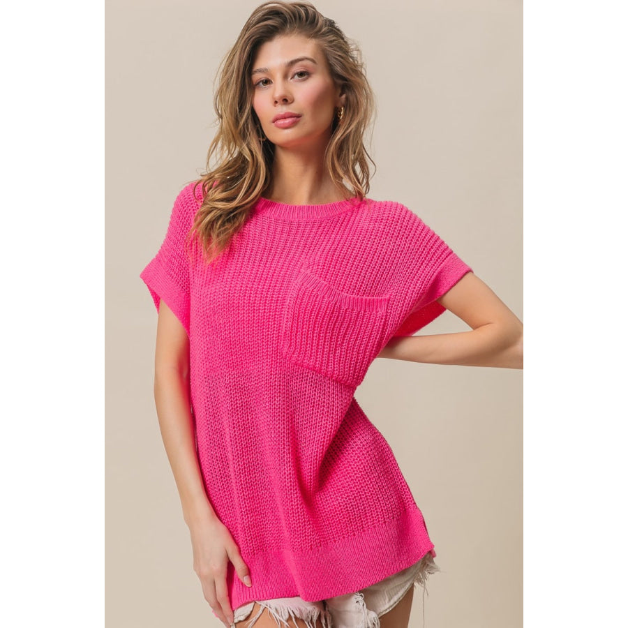 BiBi Patch Pocket Short Sleeve Sweater Fuchsia / S Apparel and Accessories