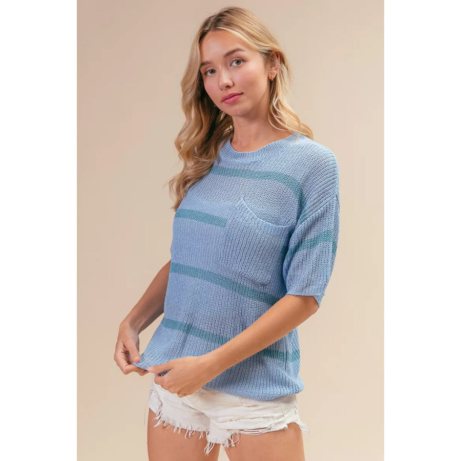 BiBi Patch Pocket Striped Lightweight Sweater Top Apparel and Accessories