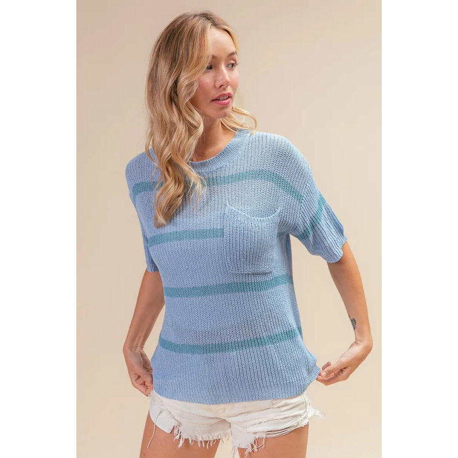 BiBi Patch Pocket Striped Lightweight Sweater Top Apparel and Accessories