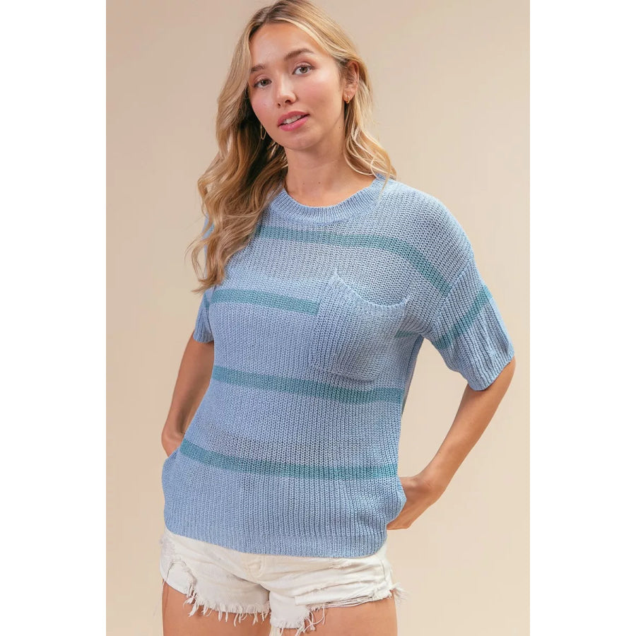 BiBi Patch Pocket Striped Lightweight Sweater Top DENIM/NAVY / S Apparel and Accessories