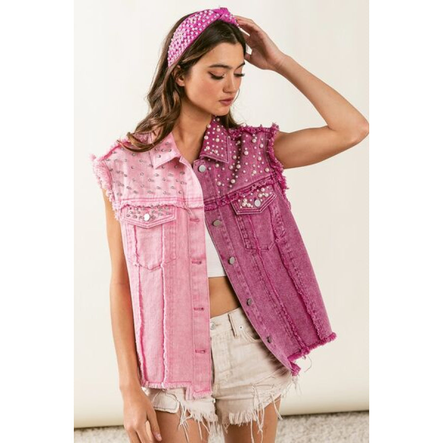 BiBi Pearl &amp; Rhinestone Decor Contrast Raw Hem Vest Coat Pink/Fuchsia / S Apparel and Accessories