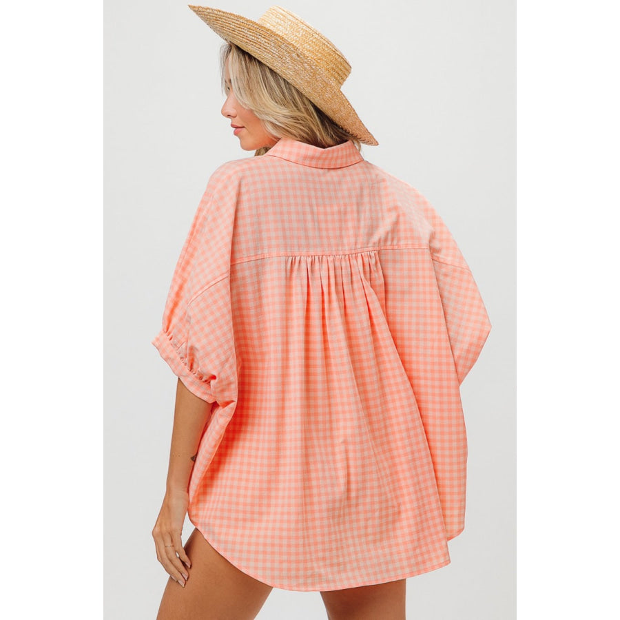 BiBi Plaid Button Up Dolman Sleeve Shirt Blush/Lt Coral / S Apparel and Accessories