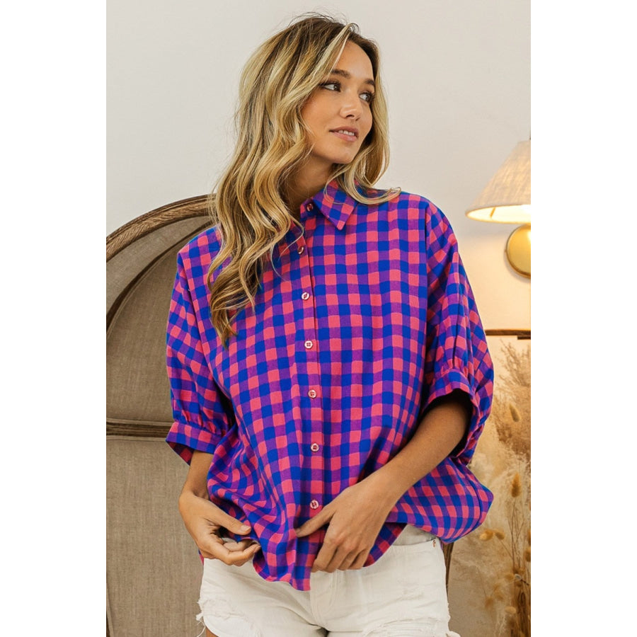 BiBi Plaid Button Up Dolman Sleeve Shirt Apparel and Accessories