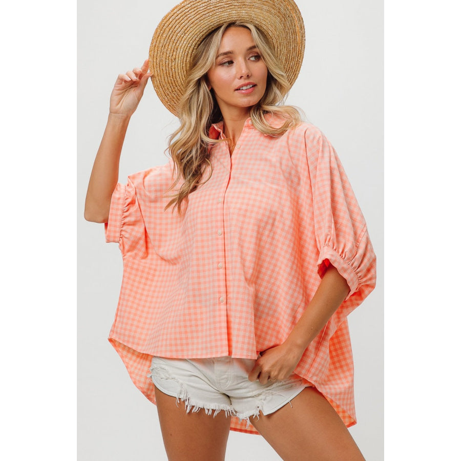 BiBi Plaid Button Up Dolman Sleeve Shirt Blush/Lt Coral / S Apparel and Accessories