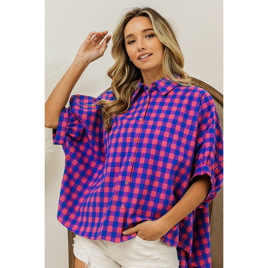 BiBi Plaid Button Up Dolman Sleeve Shirt Navy/Pink / S Apparel and Accessories