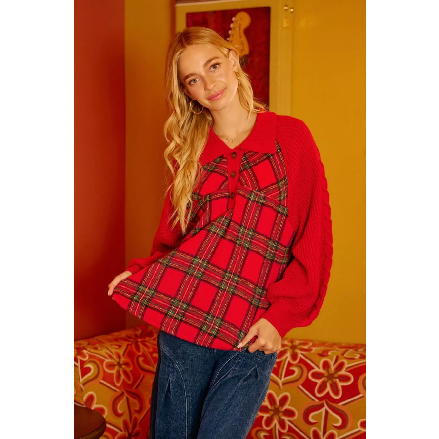 BiBi Plaid Buttoned Collared Top with Sweater Sleeve Apparel and Accessories