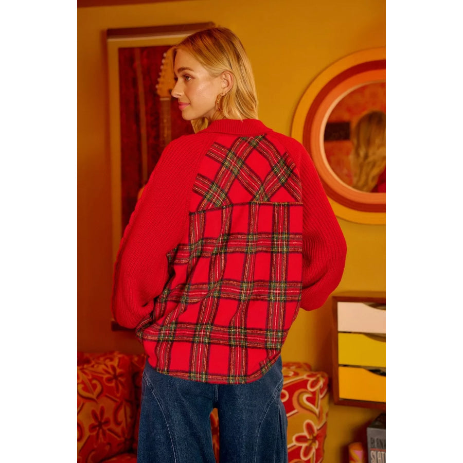 BiBi Plaid Buttoned Collared Top with Sweater Sleeve Apparel and Accessories