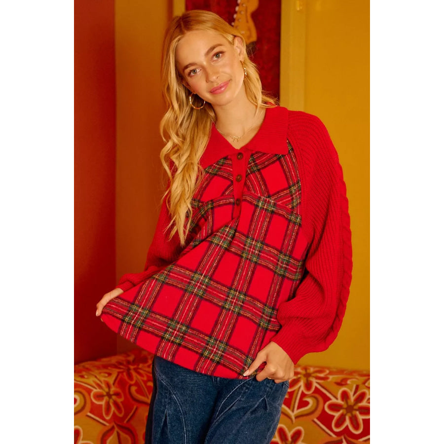 BiBi Plaid Buttoned Collared Top with Sweater Sleeve Apparel and Accessories
