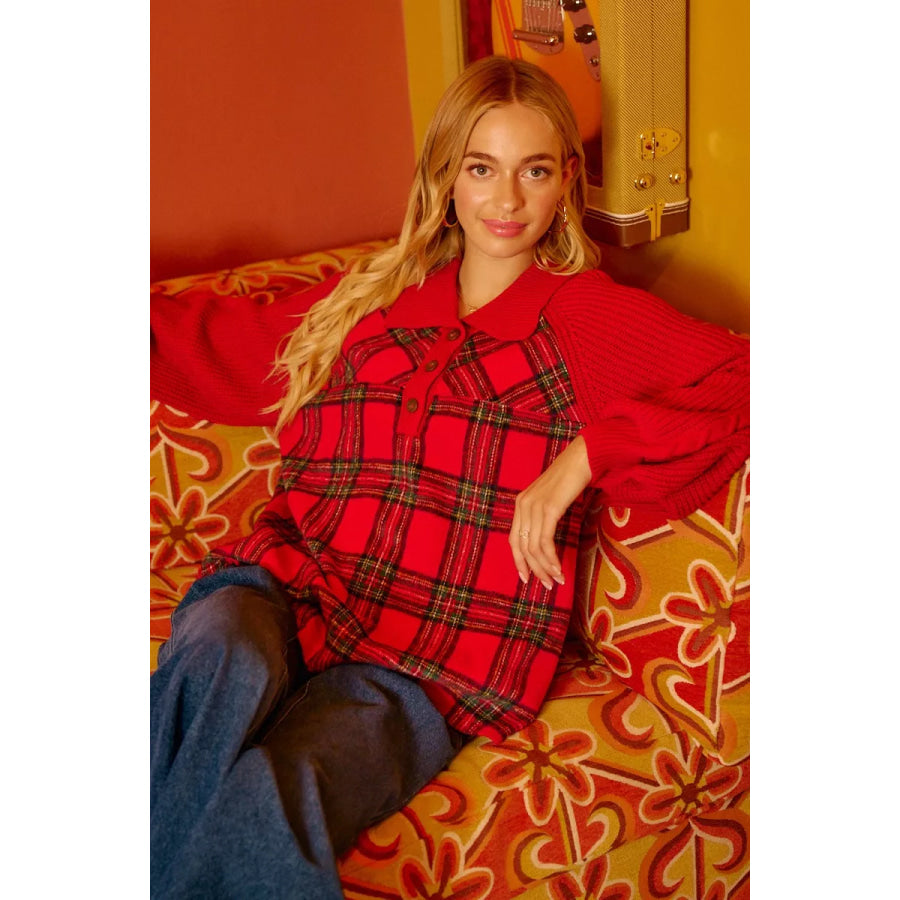 BiBi Plaid Buttoned Collared Top with Sweater Sleeve Apparel and Accessories