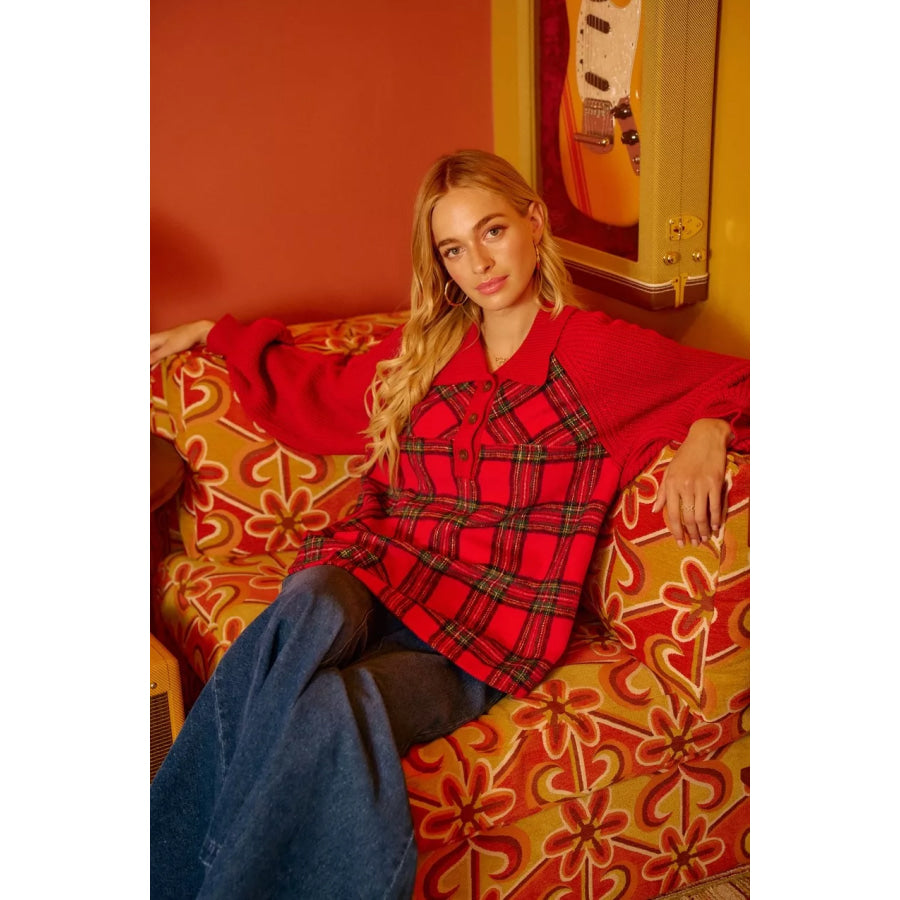 BiBi Plaid Buttoned Collared Top with Sweater Sleeve Apparel and Accessories