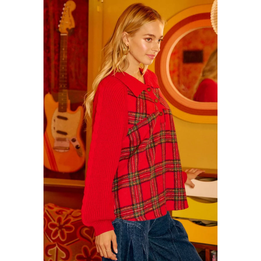 BiBi Plaid Buttoned Collared Top with Sweater Sleeve Apparel and Accessories