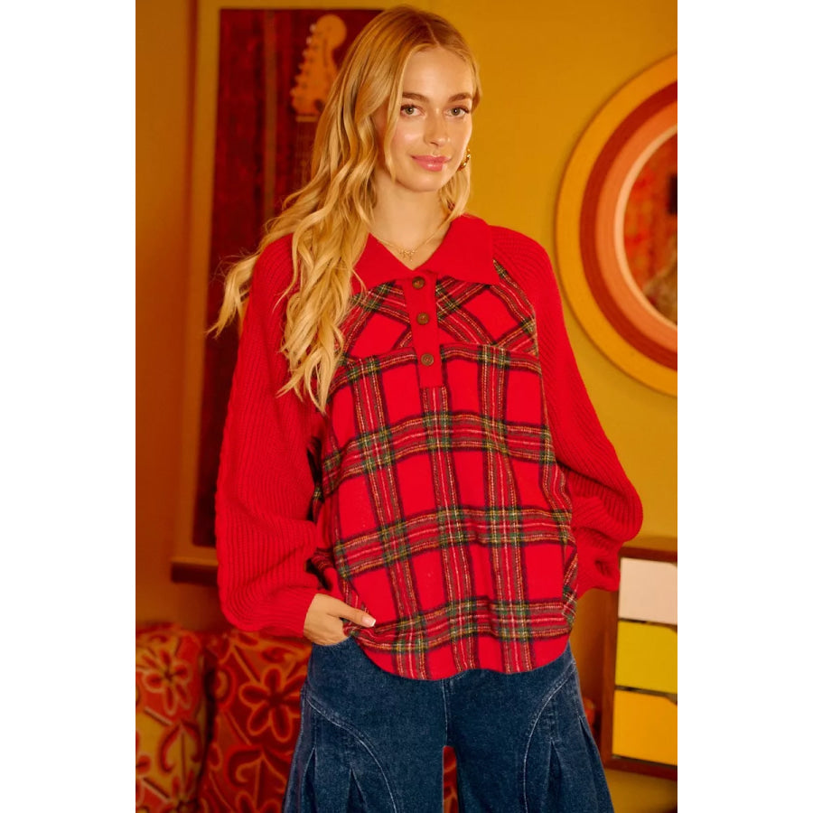 BiBi Plaid Buttoned Collared Top with Sweater Sleeve RED/RED / S Apparel and Accessories