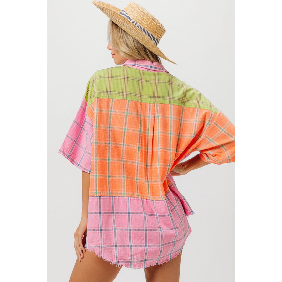 BiBi Plaid Collared Neck Half Sleeve Shirt Pink/Peach/Lime / S Apparel and Accessories