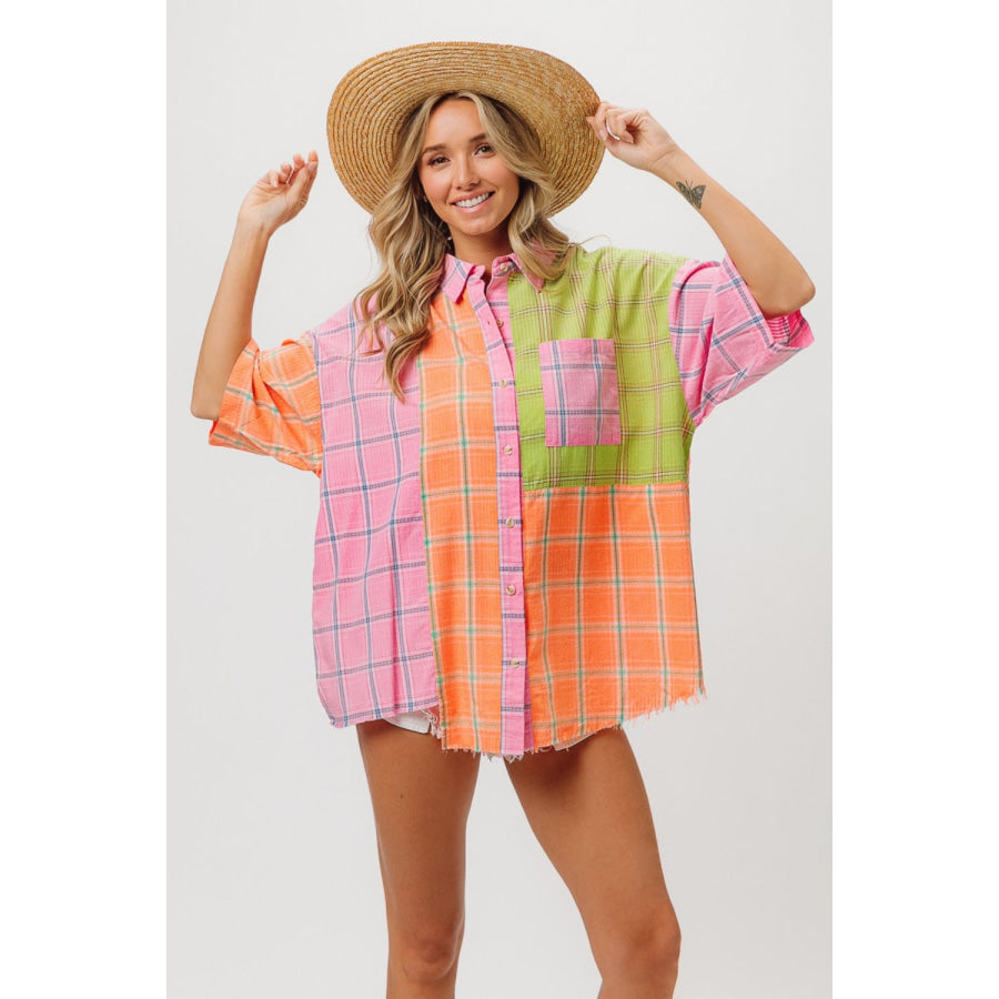 BiBi Plaid Collared Neck Half Sleeve Shirt Pink/Peach/Lime / S Apparel and Accessories