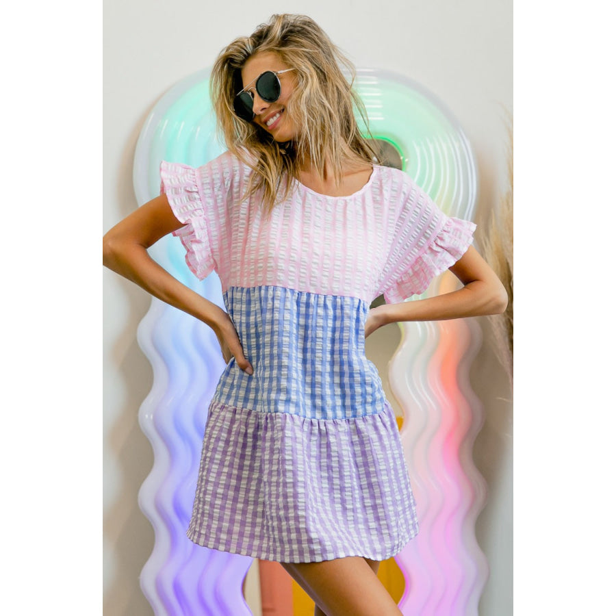 BiBi Plaid Color Block Tiered Top Apparel and Accessories
