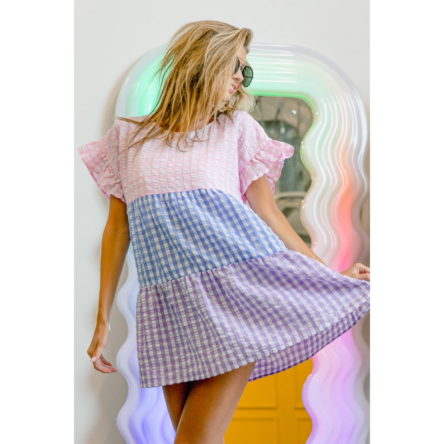 BiBi Plaid Color Block Tiered Top Blush/Blue/Lavender / S Apparel and Accessories