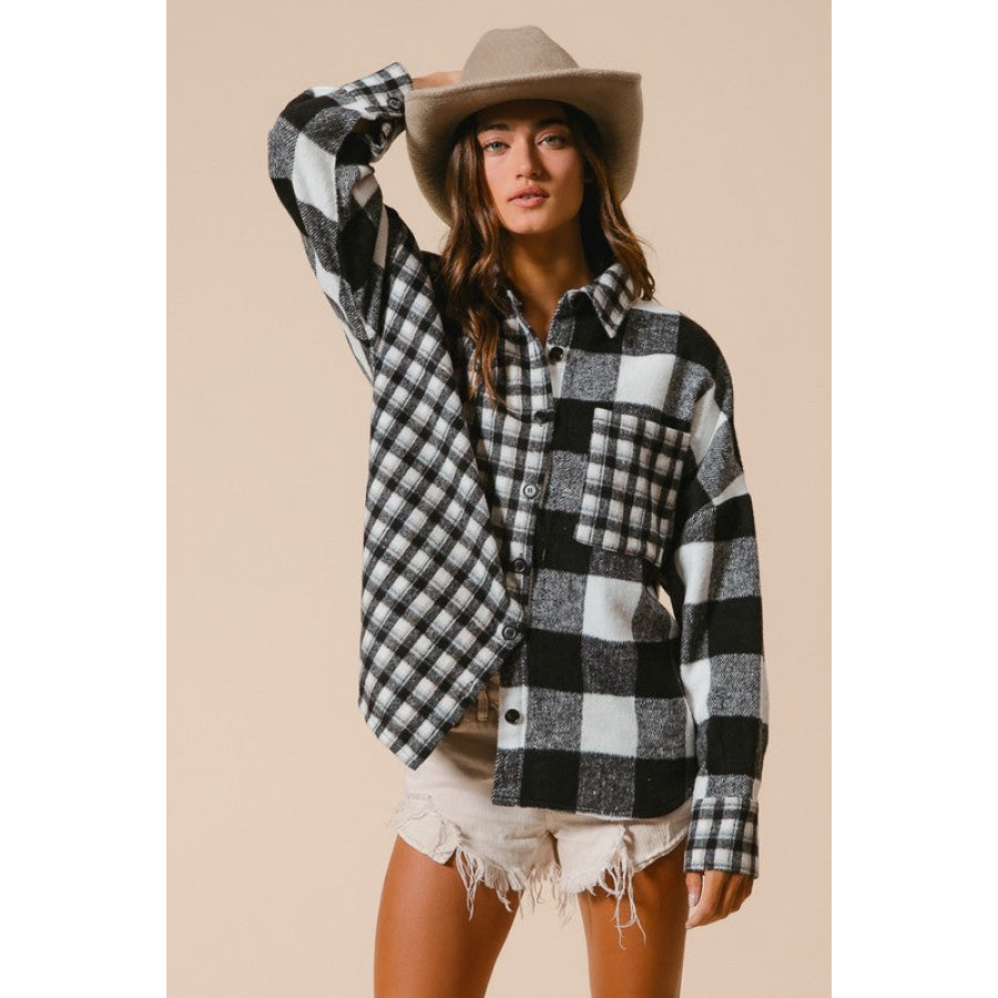 BiBi Plaid Fleece Button Down Long Sleeve Shirt Apparel and Accessories