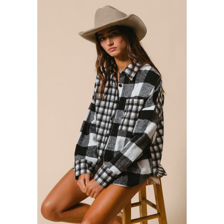 BiBi Plaid Fleece Button Down Long Sleeve Shirt Apparel and Accessories