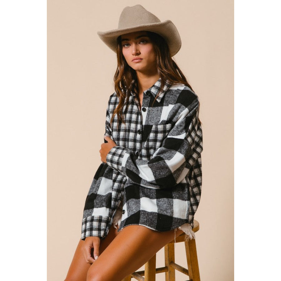 BiBi Plaid Fleece Button Down Long Sleeve Shirt Apparel and Accessories