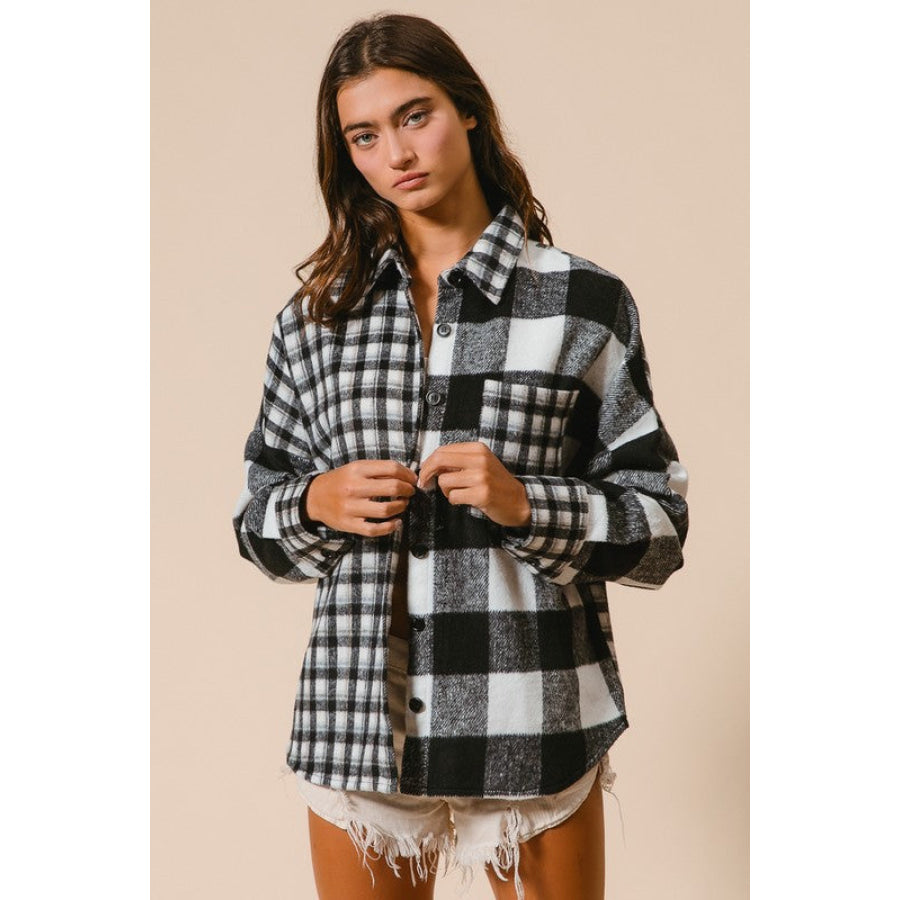 BiBi Plaid Fleece Button Down Long Sleeve Shirt Black / S Apparel and Accessories